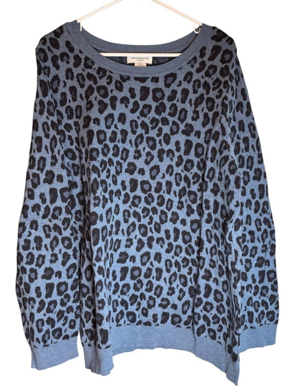 Liz Claiborne 2X Blue Leopard Print Sweater Cotton Lightweight Pullover
